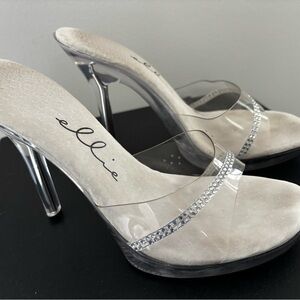 Ellie Clear Rhinestone Mule Heels with Silver Accents